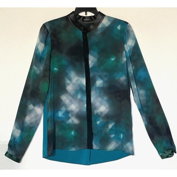 ELIE TAHARI Chelsea Turquoise Black 100% Silk Lamb Leather Shirt Blouse - Picture 2 of 11